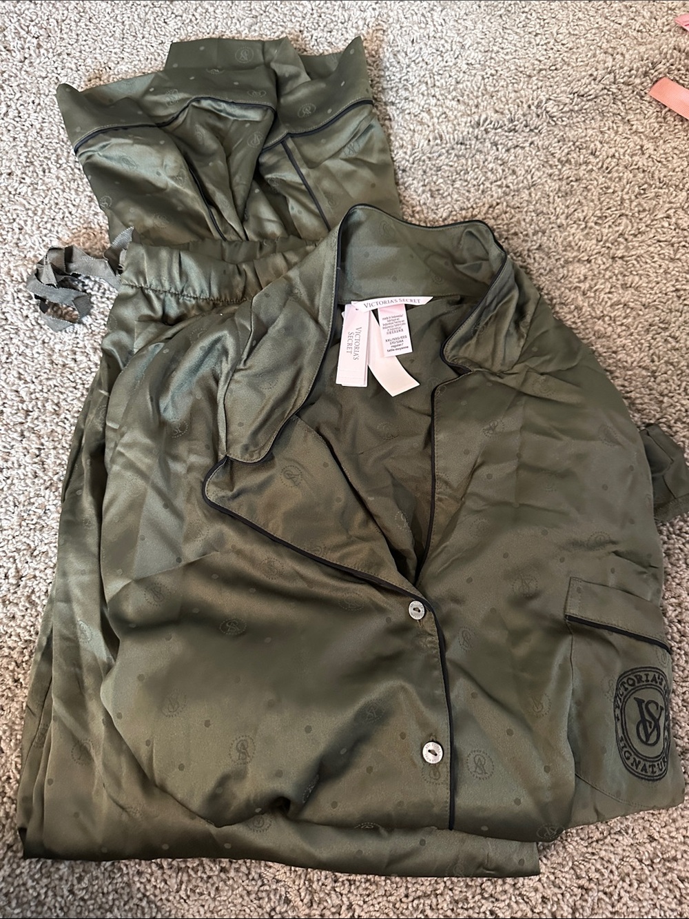 Victoria's Secret Olive Green Satin Pajama Jacket with Black Piping